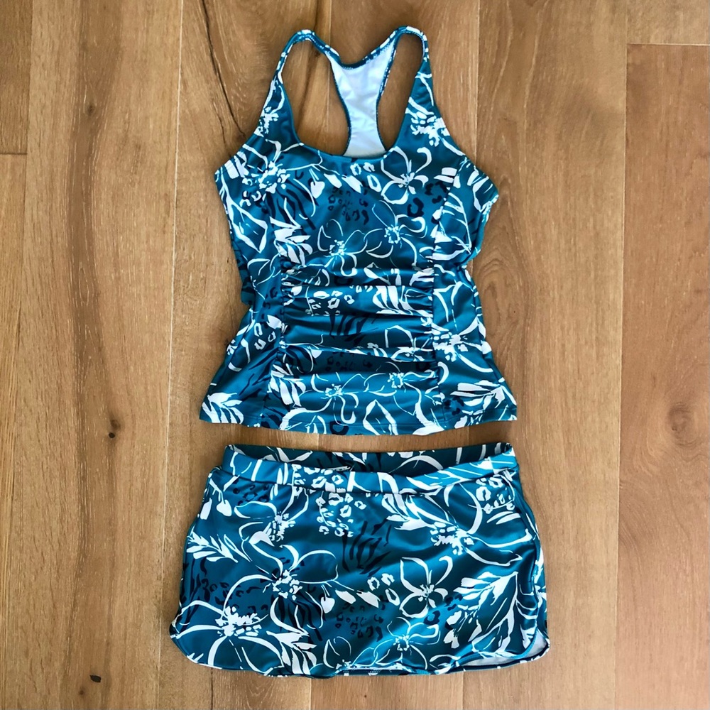 Sea Fancy Teal, black, and white Tankini Set, Size Small, New